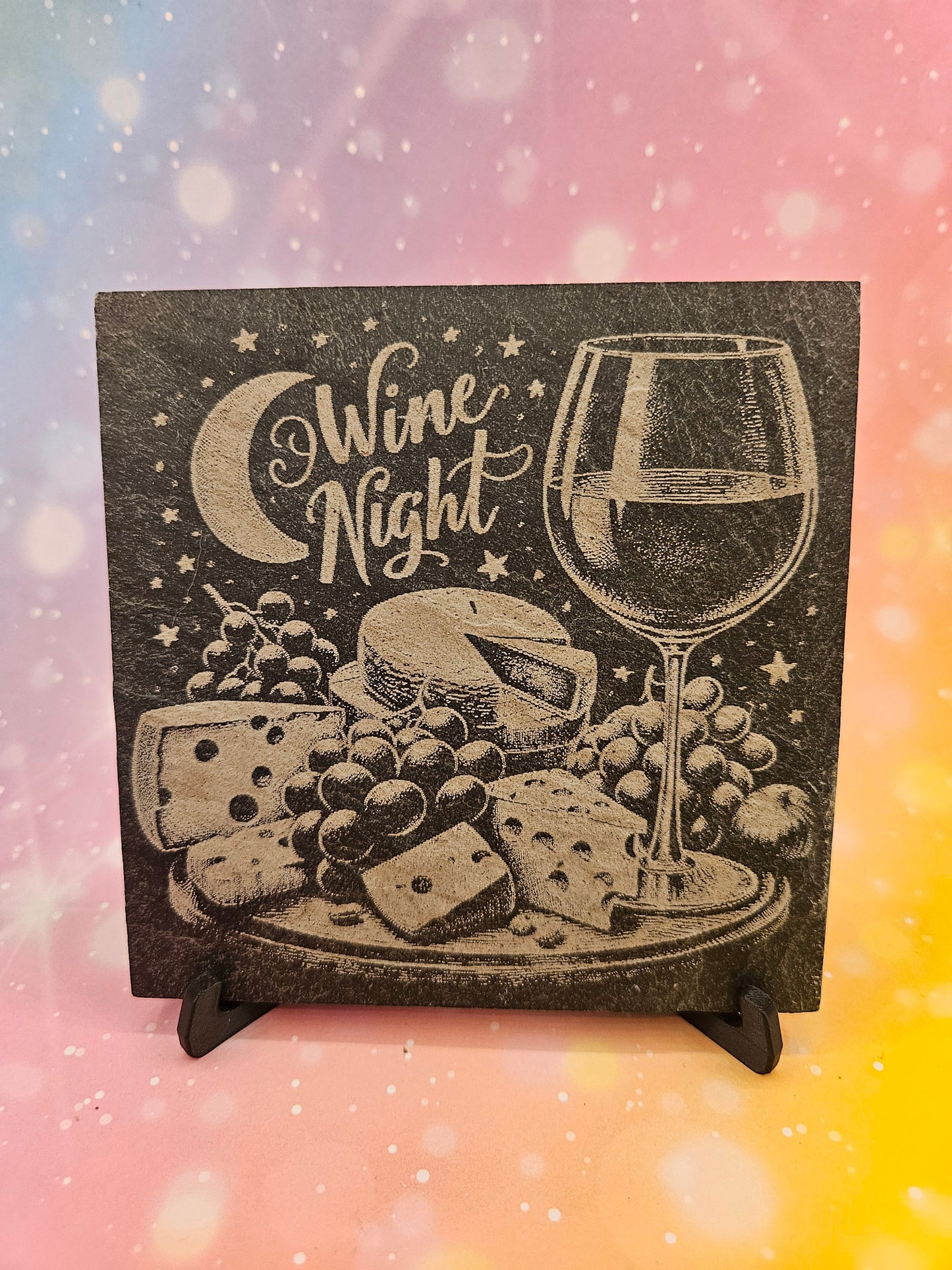 Lasergravierte Schieferplatte „Wine Night“ – Käse & Trauben