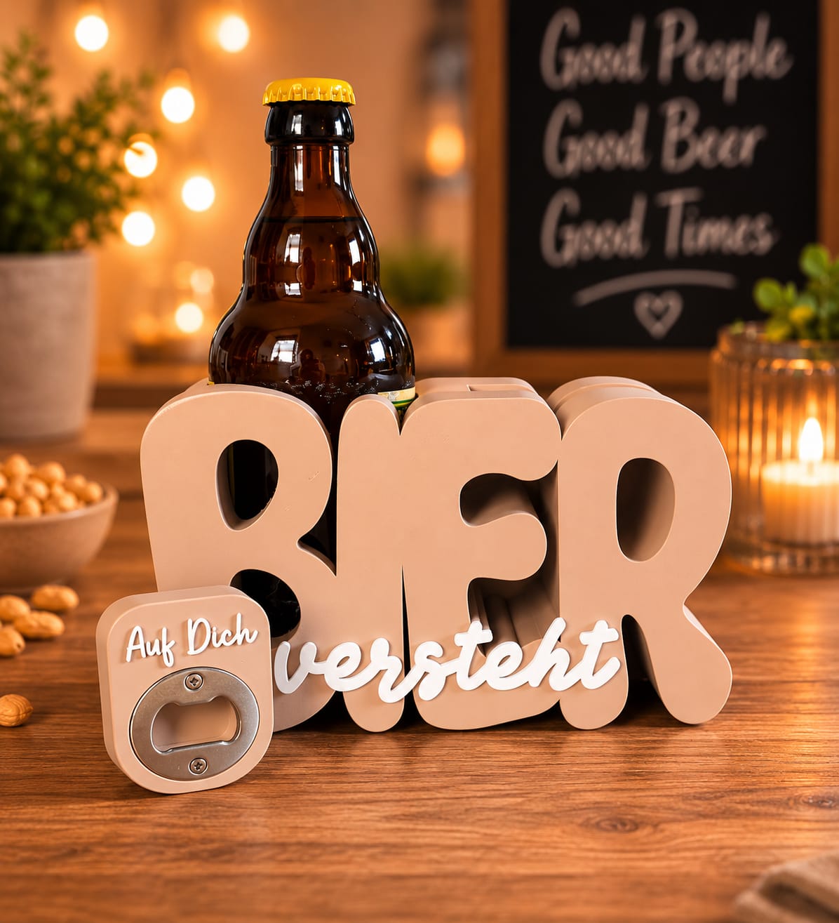 Bier versteht Schriftzug – 3D-Flaschenhalter mit Öffner-Fach